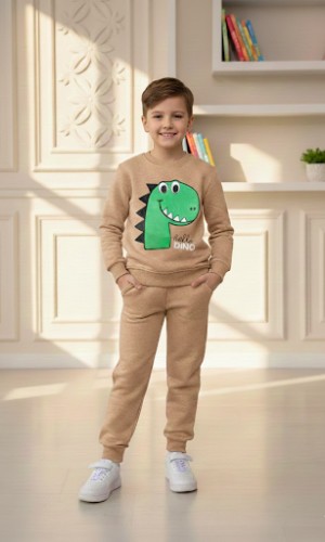 طقم بجامة ولادي شتوي ثقيل ديناصور 3115  - بيج