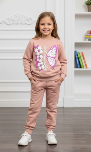 Girls Winter Fleece Pyjama Set Floral Butterfly 3116 - pink