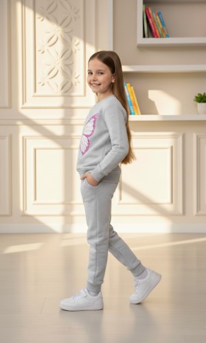 طقم بجامة بناتي شتوي ثقيل فراشة وزهور 3116 - عفني