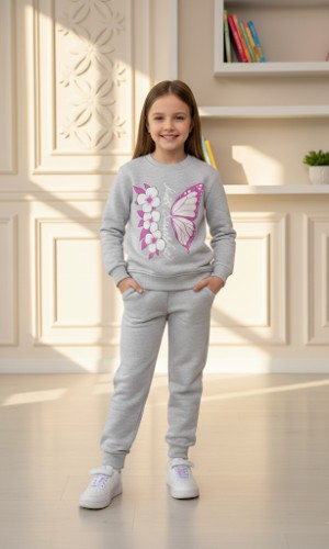 طقم بجامة بناتي شتوي ثقيل فراشة وزهور 3116 - عفني