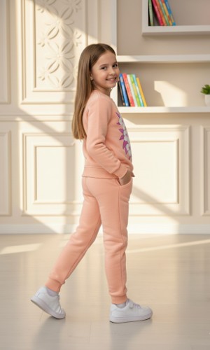 طقم بجامة بناتي شتوي ثقيل فراشة وزهور 3116 - بودرة