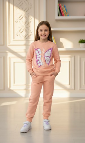 طقم بجامة بناتي شتوي ثقيل فراشة وزهور 3116 - بودرة