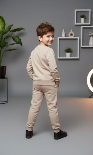 طقم بجامة ولادي شتوي ثقيل بطبعة مميزة 3117  - بيج