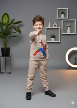 Jungen Winter Pyjama Set mit Aufdruck 3117  - Beige