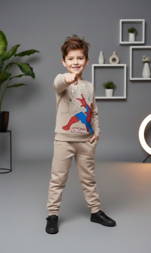 طقم بجامة ولادي شتوي ثقيل بطبعة مميزة 3117  - بيج