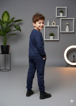 طقم بجامة ولادي شتوي ثقيل بطبعة مميزة 3117  - كحلي