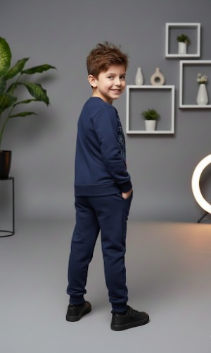 طقم بجامة ولادي شتوي ثقيل بطبعة مميزة 3117  - كحلي