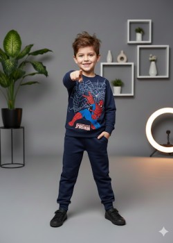 طقم بجامة ولادي شتوي ثقيل بطبعة مميزة 3117  - كحلي