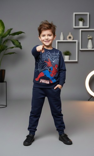 طقم بجامة ولادي شتوي ثقيل بطبعة مميزة 3117  - كحلي