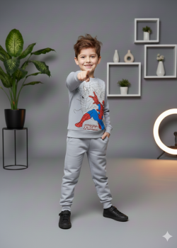 طقم بجامة ولادي شتوي ثقيل بطبعة مميزة 3117  - فضي