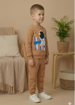 طقم بجامة ولادي شتوي ثقيل رائد فضاء 3118 - ترابي