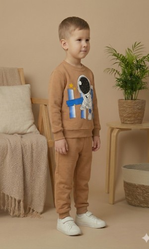 طقم بجامة ولادي شتوي ثقيل رائد فضاء 3118 - ترابي