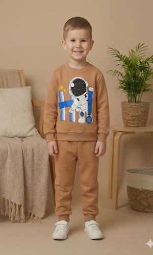 طقم بجامة ولادي شتوي ثقيل رائد فضاء 3118 - ترابي