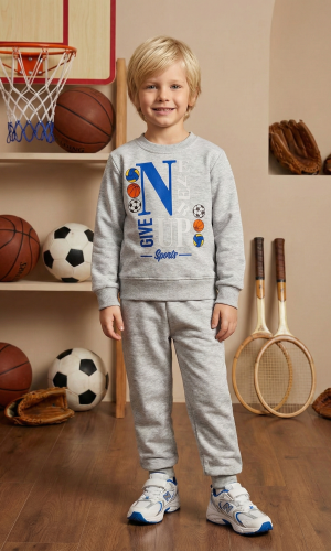 طقم بجامة ولادي شتوي رياضي دافئ 3119  - فضي