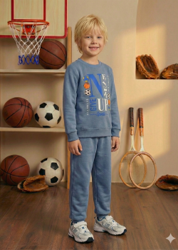 طقم بجامة ولادي شتوي رياضي دافئ 3119  - رمادي