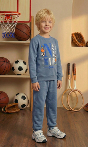 طقم بجامة ولادي شتوي رياضي دافئ 3119  - رمادي