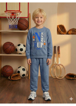 طقم بجامة ولادي شتوي رياضي دافئ 3119  - رمادي