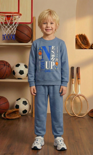 طقم بجامة ولادي شتوي رياضي دافئ 3119  - رمادي