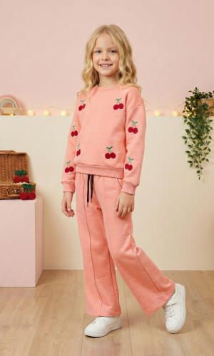 طقم بيجامة بناتي شتوي ثلاثي الخيوط مبطن 3122  - زهر