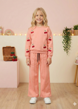 طقم بيجامة بناتي شتوي ثلاثي الخيوط مبطن 3122  - زهر