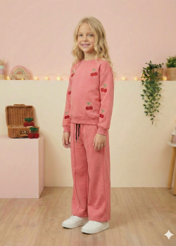 طقم بيجامة بناتي شتوي ثلاثي الخيوط مبطن 3122  - فوشي
