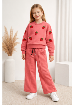 طقم بيجامة بناتي شتوي ثلاثي الخيوط مبطن 3123 - فوشي