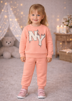 طقم بجامة بناتي مبطن بشعيرة دافئة 3133 - زهر