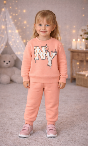 طقم بجامة بناتي مبطن بشعيرة دافئة 3133 - زهر