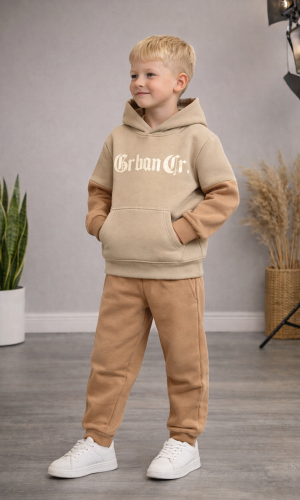 طقم بيجامة ولادي شتوي ثلاثي الخيوط مبطن 3124 - بيج