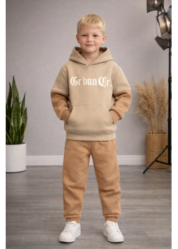 طقم بيجامة ولادي شتوي ثلاثي الخيوط مبطن 3124 - بيج