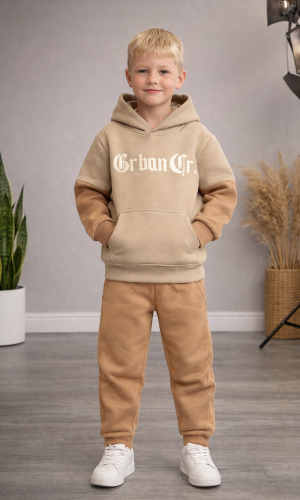 طقم بيجامة ولادي شتوي ثلاثي الخيوط مبطن 3124 - بيج