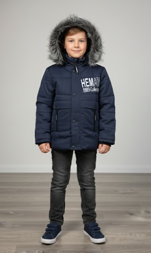 جاكيت شتوي ولادي مبطن بقلنسوة فرو 5001 - كحلي