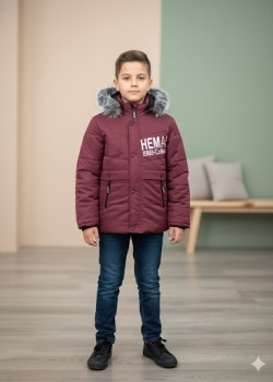 جاكيت شتوي ولادي مبطن بقلنسوة فرو 5001 - خمري