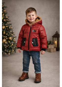 جاكيت ولادي مطري أحمر مبطن بالفرو وتفاصيل سوداء 5004 - احمر