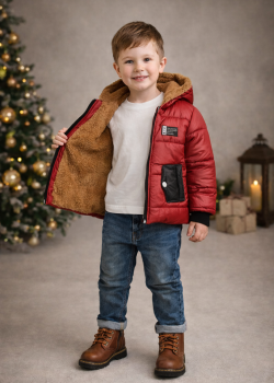 جاكيت ولادي مطري أحمر مبطن بالفرو وتفاصيل سوداء 5004 - احمر