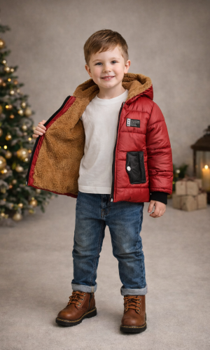 Rote Jungen-Regenjacke mit Fellfutter und schwarzen Akzenten 5004 - Rot
