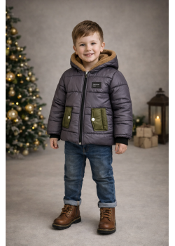 جاكيت ولادي مطري أحمر مبطن بالفرو وتفاصيل سوداء 5004 - فضي