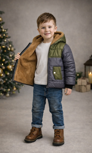 جاكيت ولادي مطري مبطن بالفرو 5005 - فضي