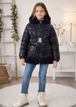 جاكيت بناتي مطري مبطن فرو ناعم مع غطاء رأس 5008 - كحلي