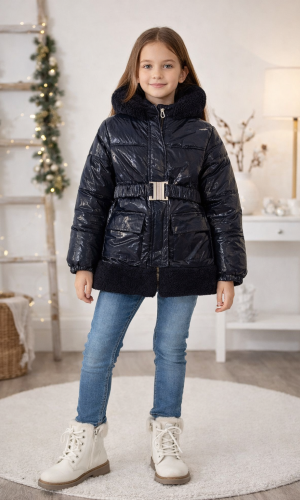 جاكيت بناتي مطري مبطن فرو ناعم مع غطاء رأس 5008 - كحلي