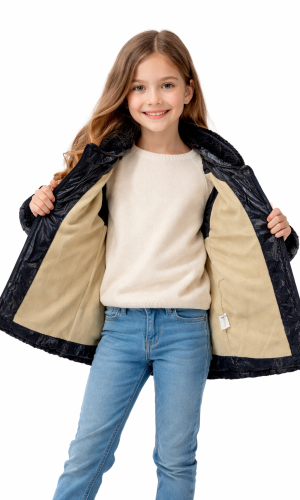 جاكيت بناتي مطري مبطن فرو ناعم مع غطاء رأس 5008 - كحلي