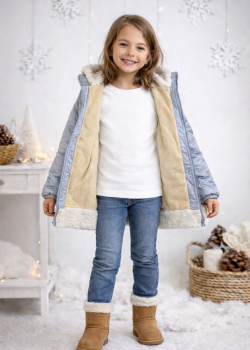 جاكيت بناتي مطري مبطن فرو ناعم مع غطاء رأس 5008 - فضي