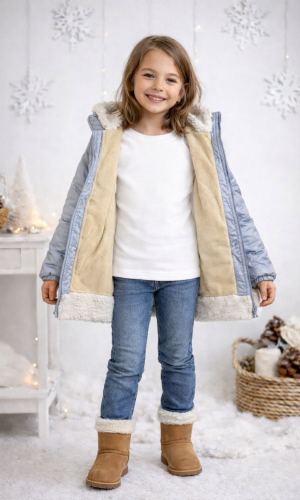 جاكيت بناتي مطري مبطن فرو ناعم مع غطاء رأس 5008 - فضي