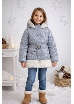 جاكيت بناتي مطري مبطن فرو ناعم مع غطاء رأس 5008 - فضي