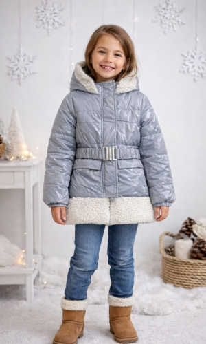 جاكيت بناتي مطري مبطن فرو ناعم مع غطاء رأس 5008 - فضي