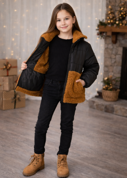 جاكيت بناتي شتوي مبطن فرو بتصميم دافئ 5011  - اسود