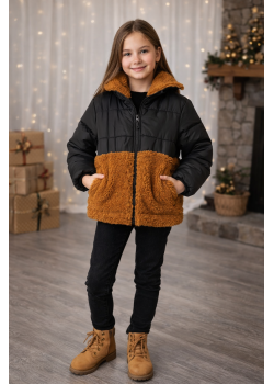 جاكيت بناتي شتوي مبطن فرو بتصميم دافئ 5011  - اسود