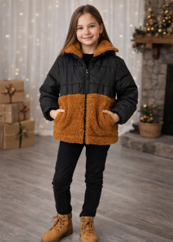 جاكيت بناتي شتوي مبطن فرو بتصميم دافئ 5011  - اسود