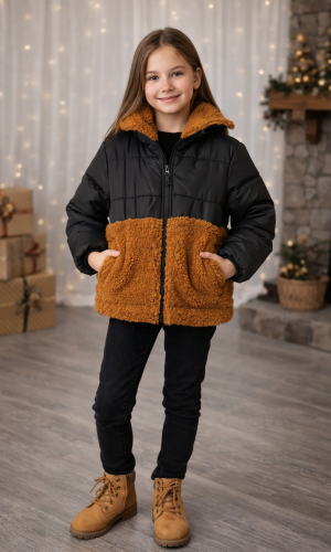 جاكيت بناتي شتوي مبطن فرو بتصميم دافئ 5011  - اسود