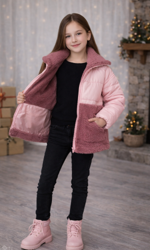 جاكيت بناتي شتوي مبطن فرو بتصميم دافئ 5011  - زهر